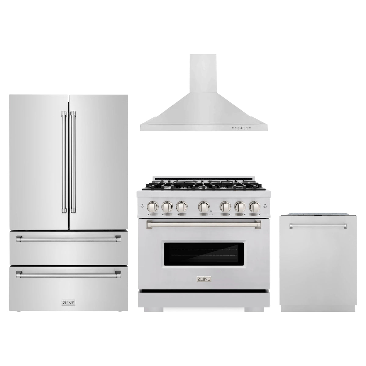 ZLINE 4-Piece Appliance Package - 36-Inch Dual Fuel Range, Hood, Refrigerator, and Dishwasher in Stainless Steel