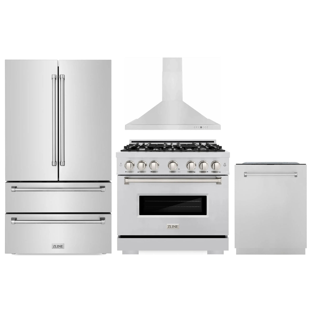 ZLINE 4-Piece Appliance Package - 36-Inch Dual Fuel Range, Hood, Refrigerator, and Dishwasher in Stainless Steel