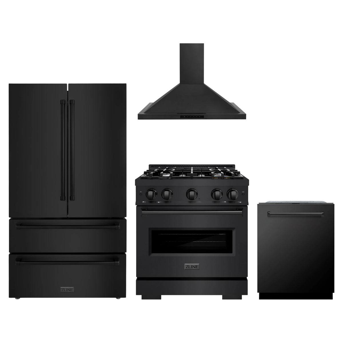 ZLINE 4-Piece Appliance Package - 30-Inch Dual Fuel Range, Hood, Refrigerator, and Dishwasher in Black Stainless Steel