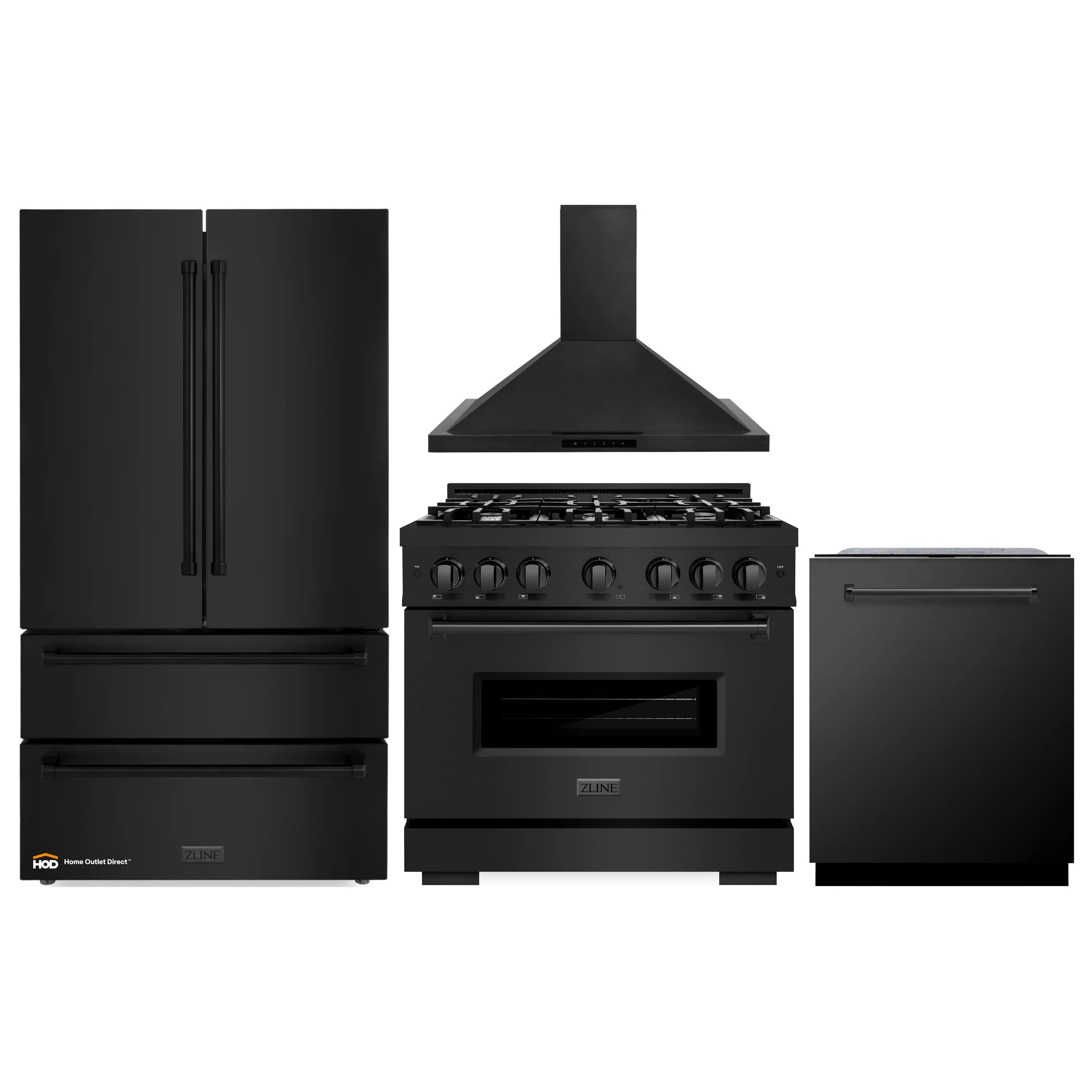ZLINE black stainless kitchen appliance package with range, hood, refrigerator, and dishwasher