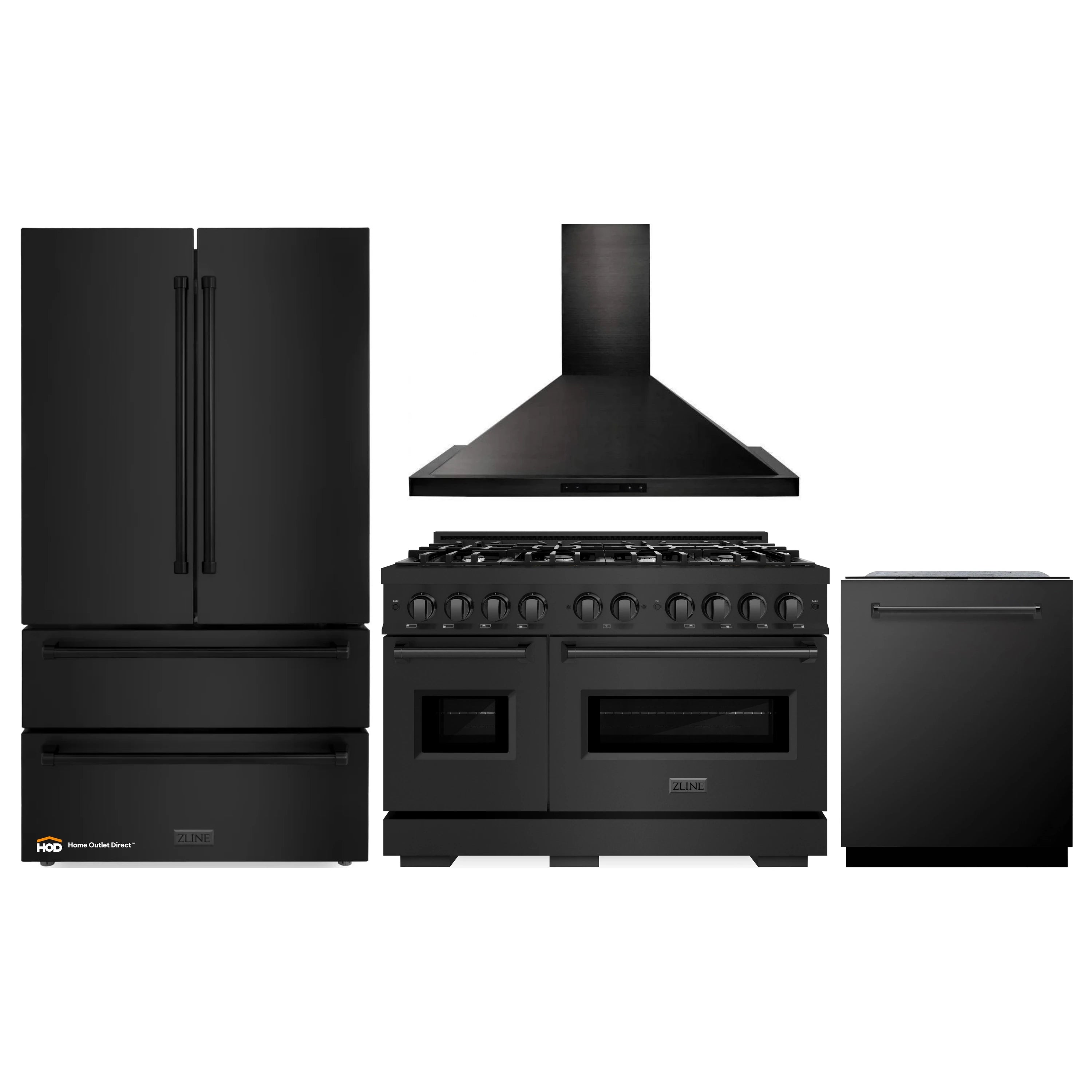 Black stainless appliance set with refrigerator, range with hood, and dishwasher