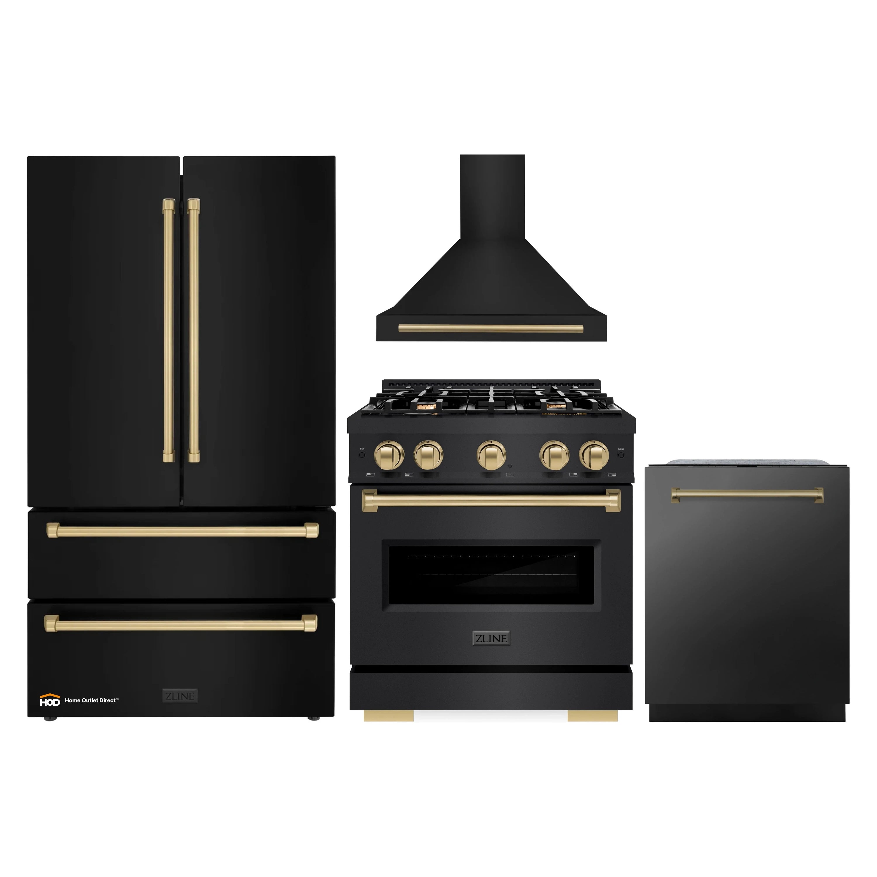 Black stainless appliance set with champagne bronze accents: range, hood, refrigerator, dishwasher
