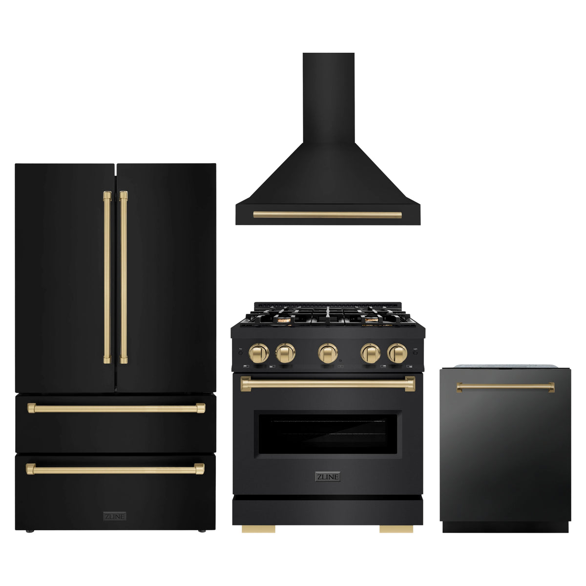 ZLINE 4-Piece Appliance Package - 30-Inch Dual Fuel Range, Hood, Refrigerator, and Dishwasher in Black Stainless Steel with Champagne Bronze Accents