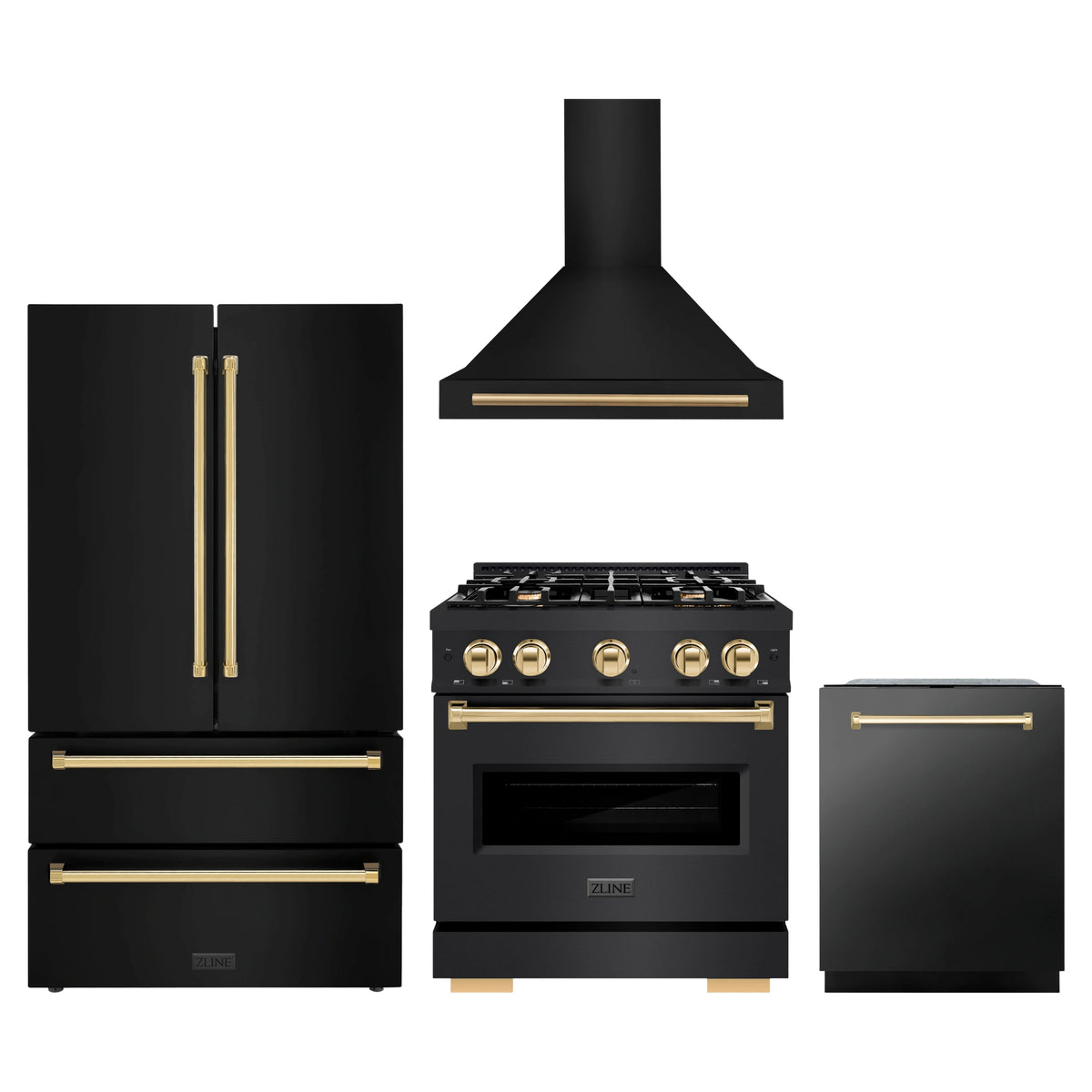 ZLINE 4-Piece Appliance Package - 30-Inch Dual Fuel Range, Hood, Refrigerator, and Dishwasher in Black Stainless Steel with Gold Accents