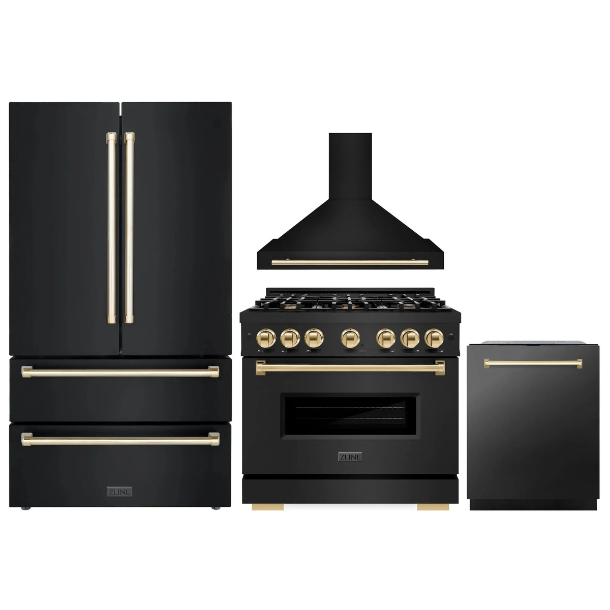 ZLINE 4-Piece Appliance Package - 36-Inch Dual Fuel Range, Hood, Refrigerator, and Dishwasher in Black Stainless Steel with Gold Accents
