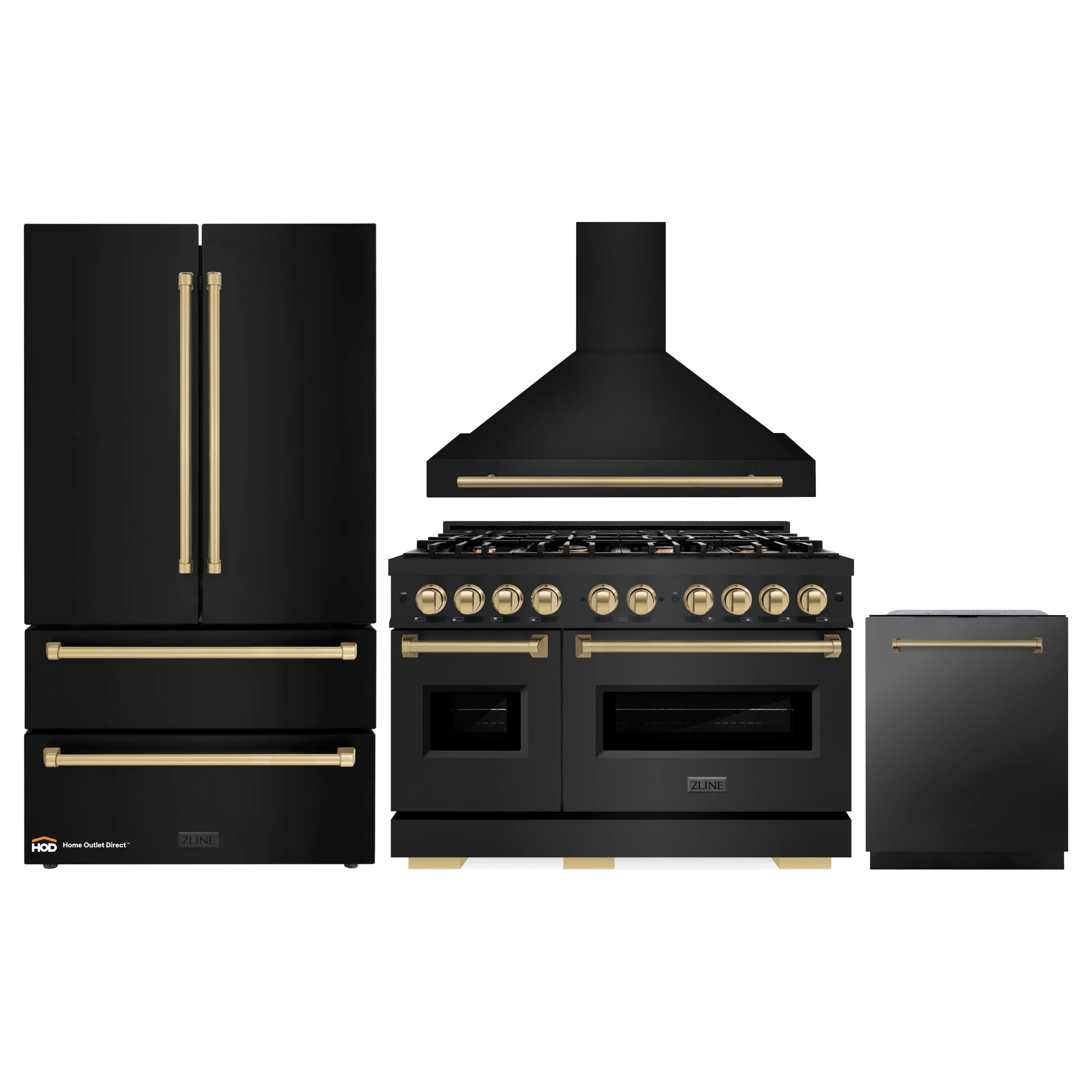 Black stainless dual fuel range, hood, refrigerator, and dishwasher with gold accents