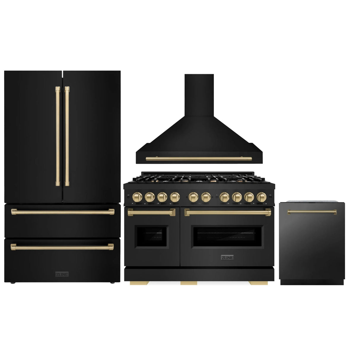 ZLINE 4-Piece Appliance Package - 48-Inch Dual Fuel Range, Hood, Refrigerator, and Dishwasher in Black Stainless Steel with Champagne Bronze Accents