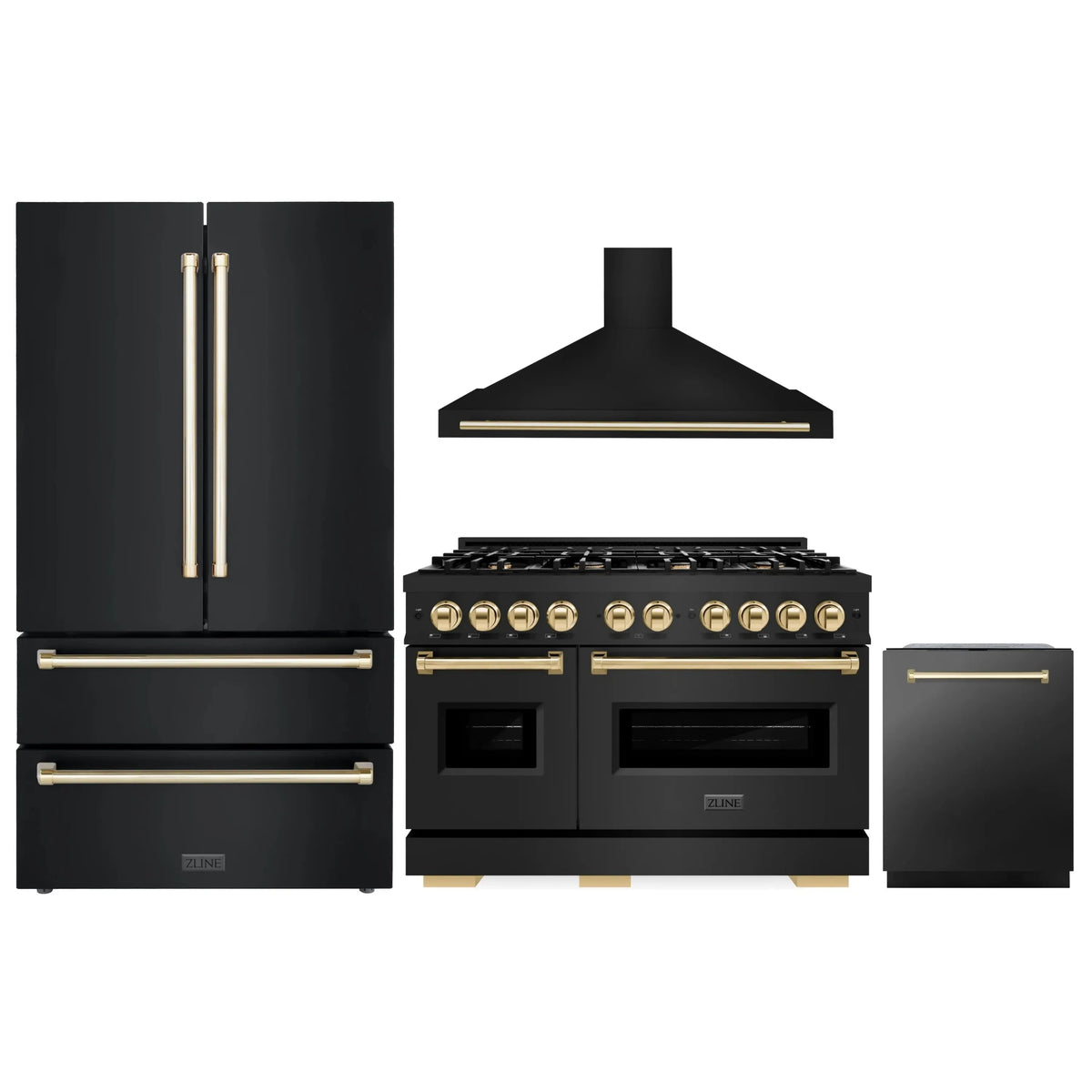 ZLINE 4-Piece Appliance Package - 48-Inch Dual Fuel Range, Hood, Refrigerator, and Dishwasher in Black Stainless Steel with Gold Accents