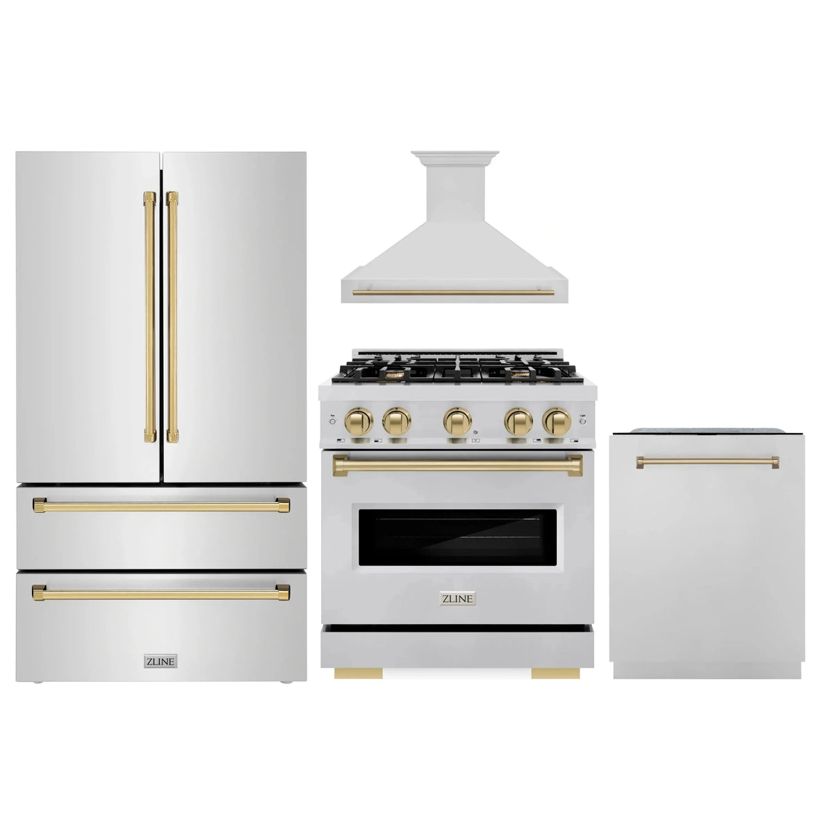 ZLINE 4-Piece Appliance Package - 30-Inch Dual Fuel Range, Hood, Refrigerator, and Dishwasher in Stainless Steel with Champagne Bronze Accents