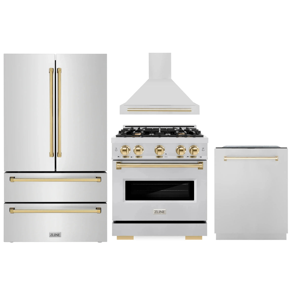 ZLINE 4-Piece Appliance Package - 30-Inch Dual Fuel Range, Hood, Refrigerator, and Dishwasher in Stainless Steel with Gold Accents