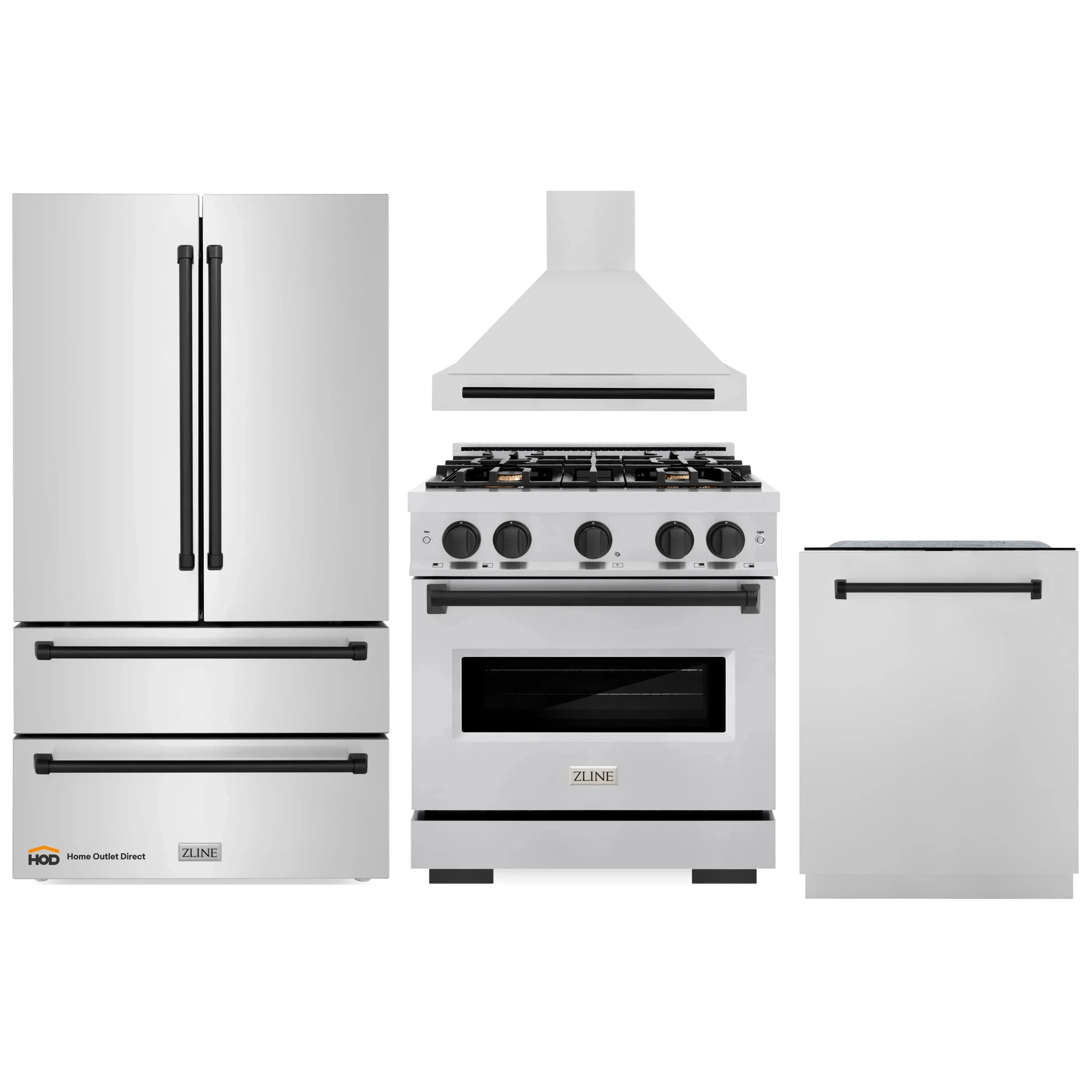 Stainless kitchen set layout showing range, refrigerator, and dishwasher with door panel