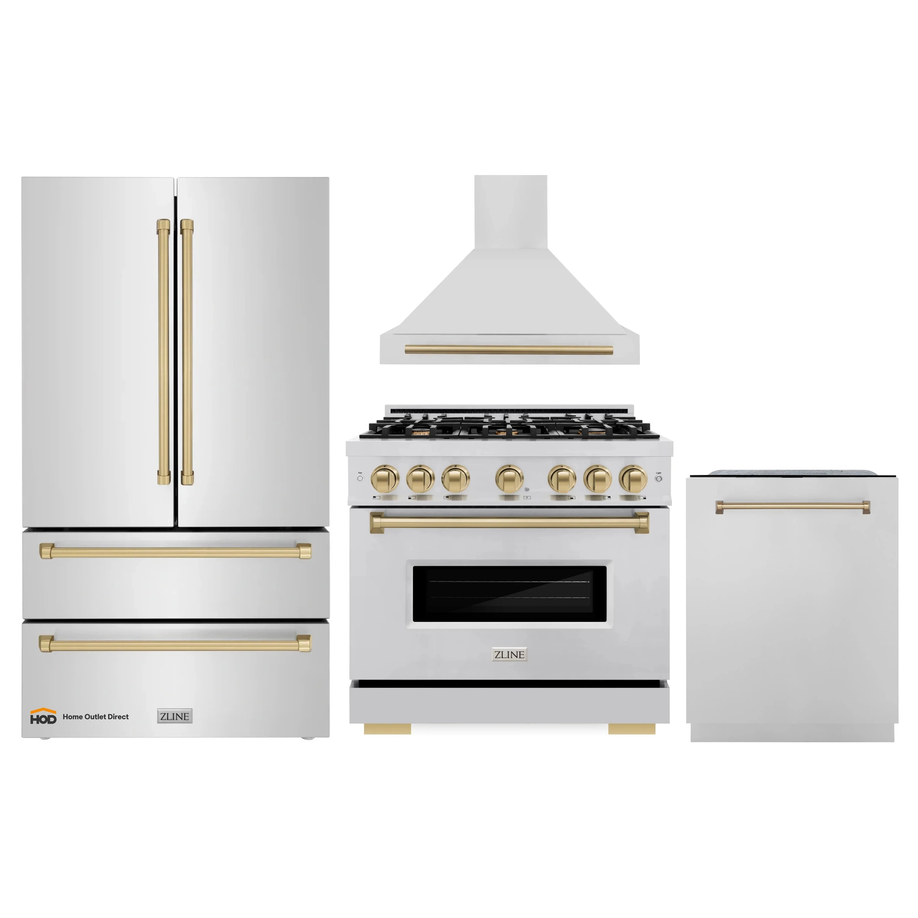 Stainless appliance bundle showing range, hood, refrigerator, and dishwasher.