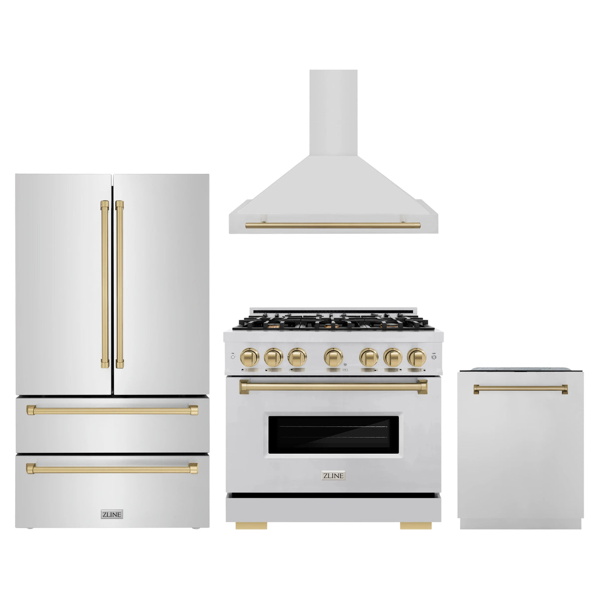 ZLINE 4-Piece Appliance Package - 36-Inch Dual Fuel Range, Hood, Refrigerator, and Dishwasher in Stainless Steel with Champagne Bronze Accents