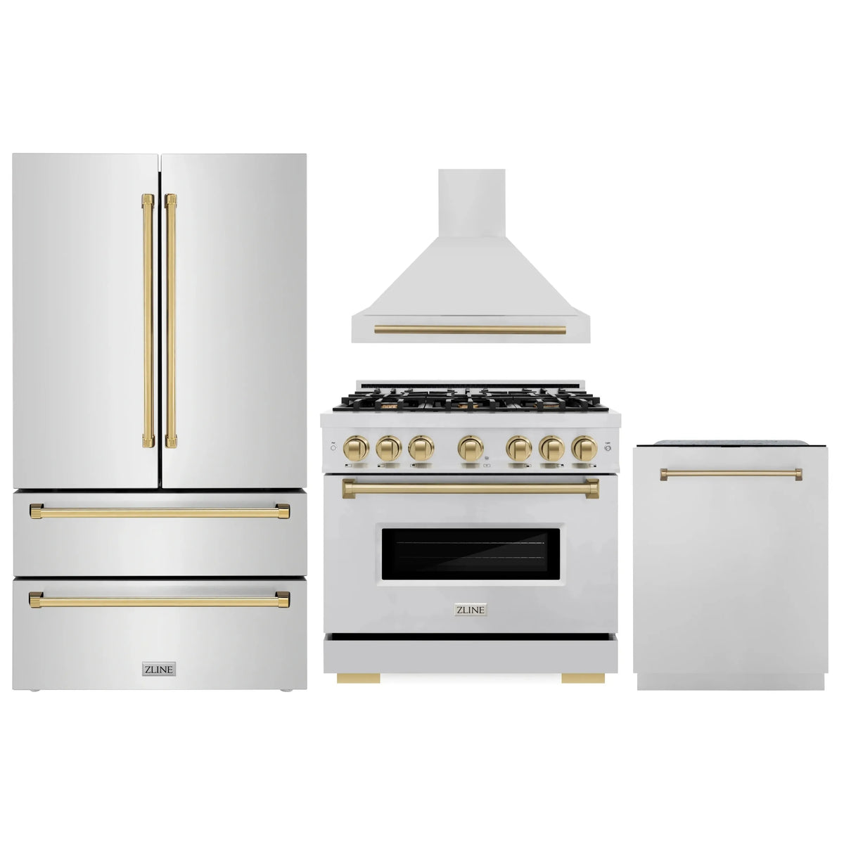 ZLINE 4-Piece Appliance Package - 36-Inch Dual Fuel Range, Hood, Refrigerator, and Dishwasher in Stainless Steel with Champagne Bronze Accents