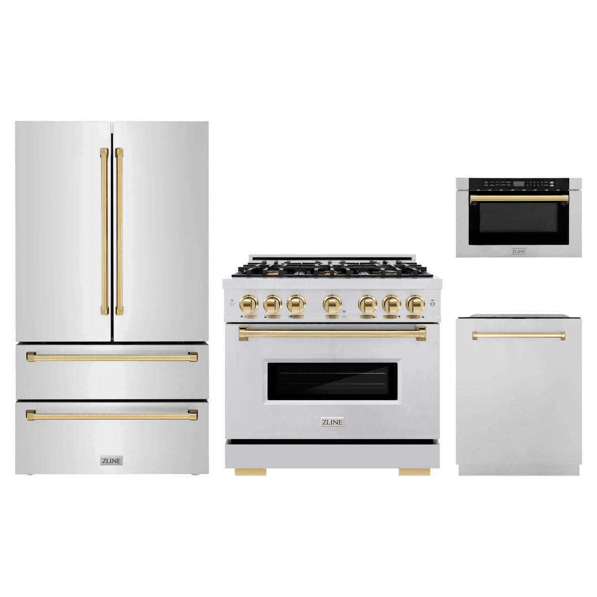 ZLINE 4-Piece Appliance Package - 36-Inch Classic Dual Fuel Range, Refrigerator, Dishwasher, and 24-Inch Microwave Drawer in Stainless Steel with Gold Accents