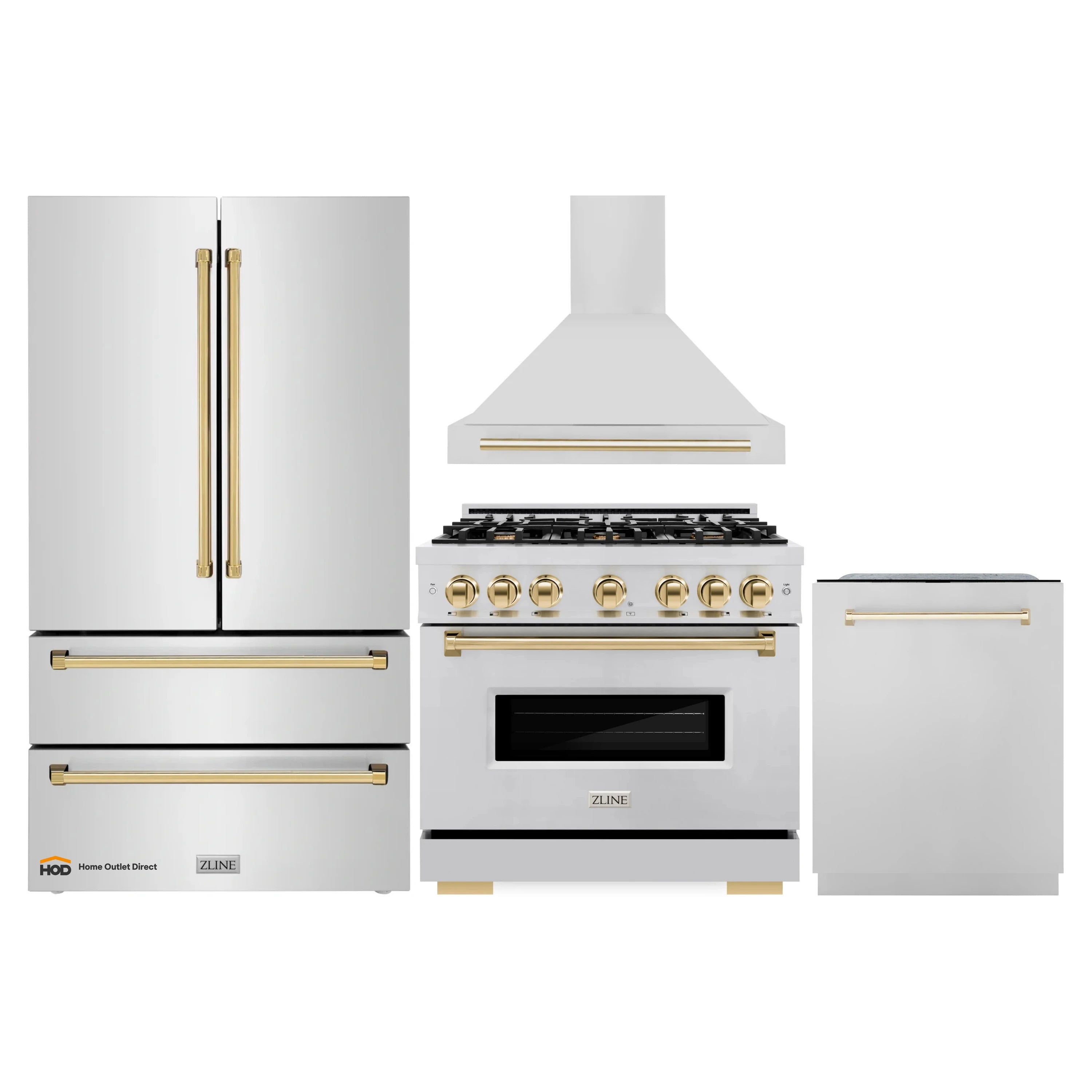 Stainless kitchen appliance set with range, hood, and refrigerator with gold accents