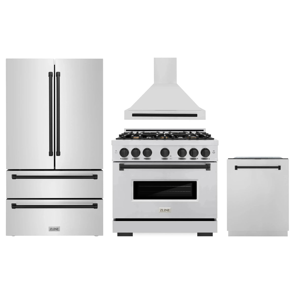 ZLINE 4-Piece Appliance Package - 36-Inch Dual Fuel Range, Hood, Refrigerator, and Dishwasher in Stainless Steel with Matte Black Accents
