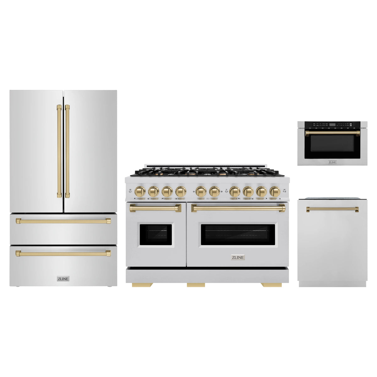ZLINE 4-Piece Appliance Package - 48-Inch Classic Dual Fuel Range, Refrigerator, Dishwasher, and 24-Inch Microwave Drawer in Stainless Steel with Champagne Bronze Accents