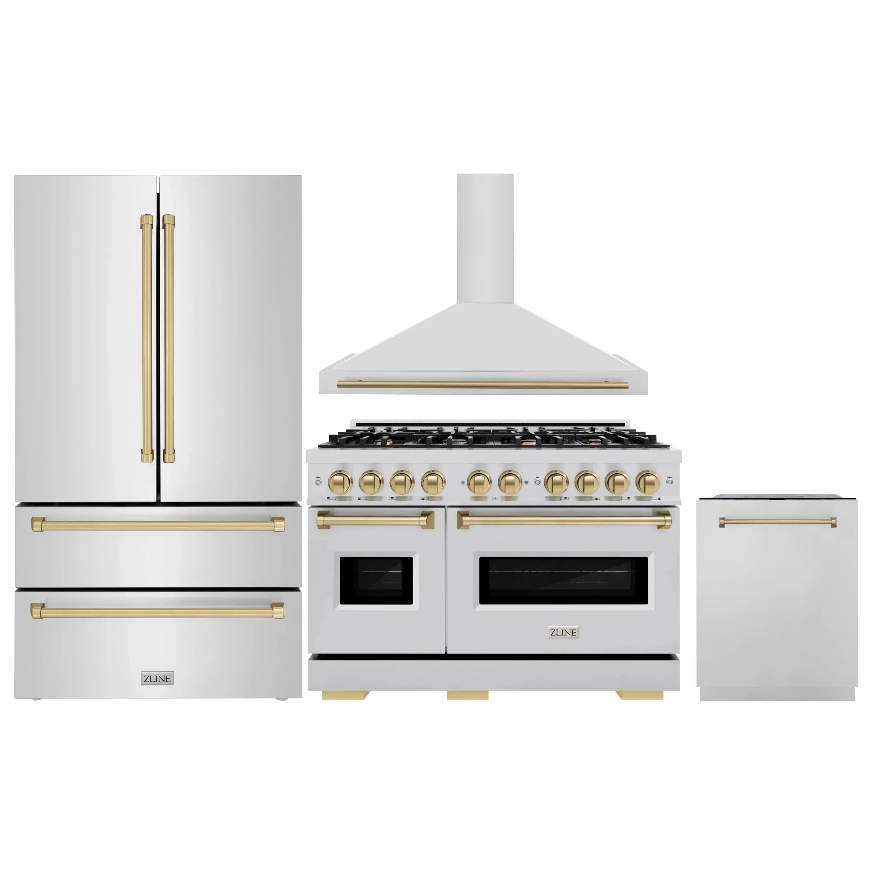 Stainless dual-fuel range with white hood and dishwasher panels, champagne-bronze accents