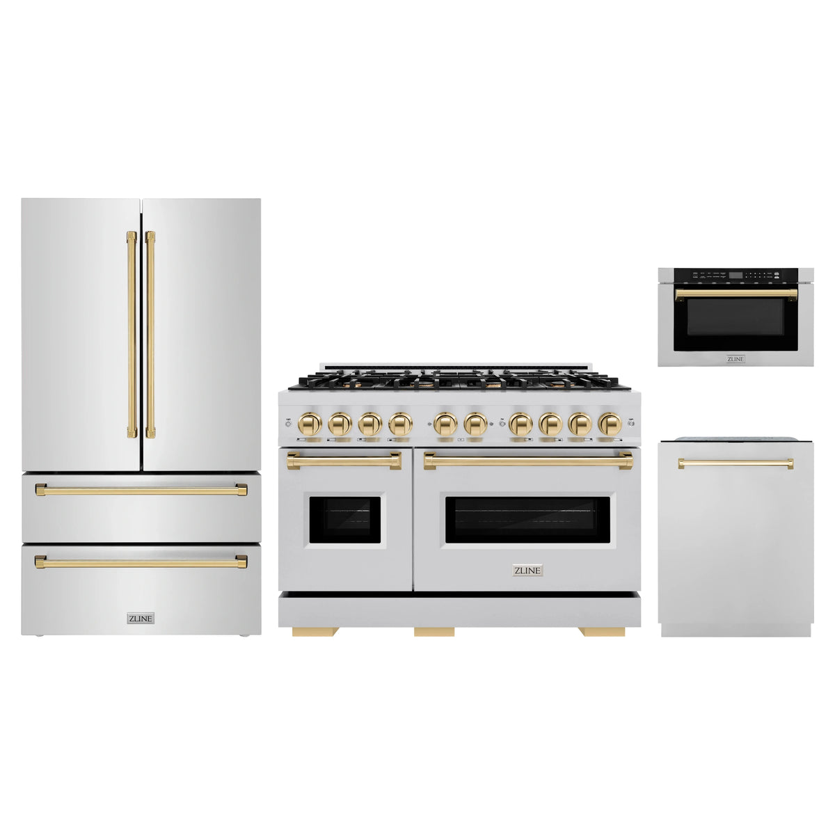 ZLINE 4-Piece Appliance Package - 48-Inch Classic Dual Fuel Range, Refrigerator, Dishwasher, and 24-Inch Microwave Drawer in Stainless Steel with Gold Accents