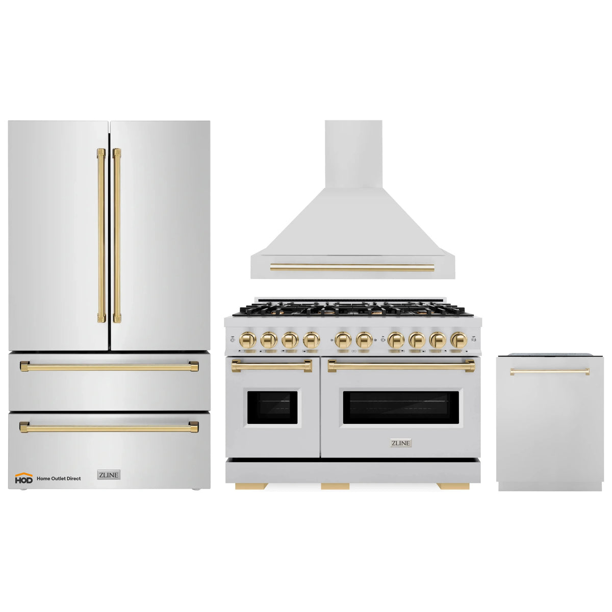 Stainless steel appliance package with gold-accented range, hood, fridge, dishwasher