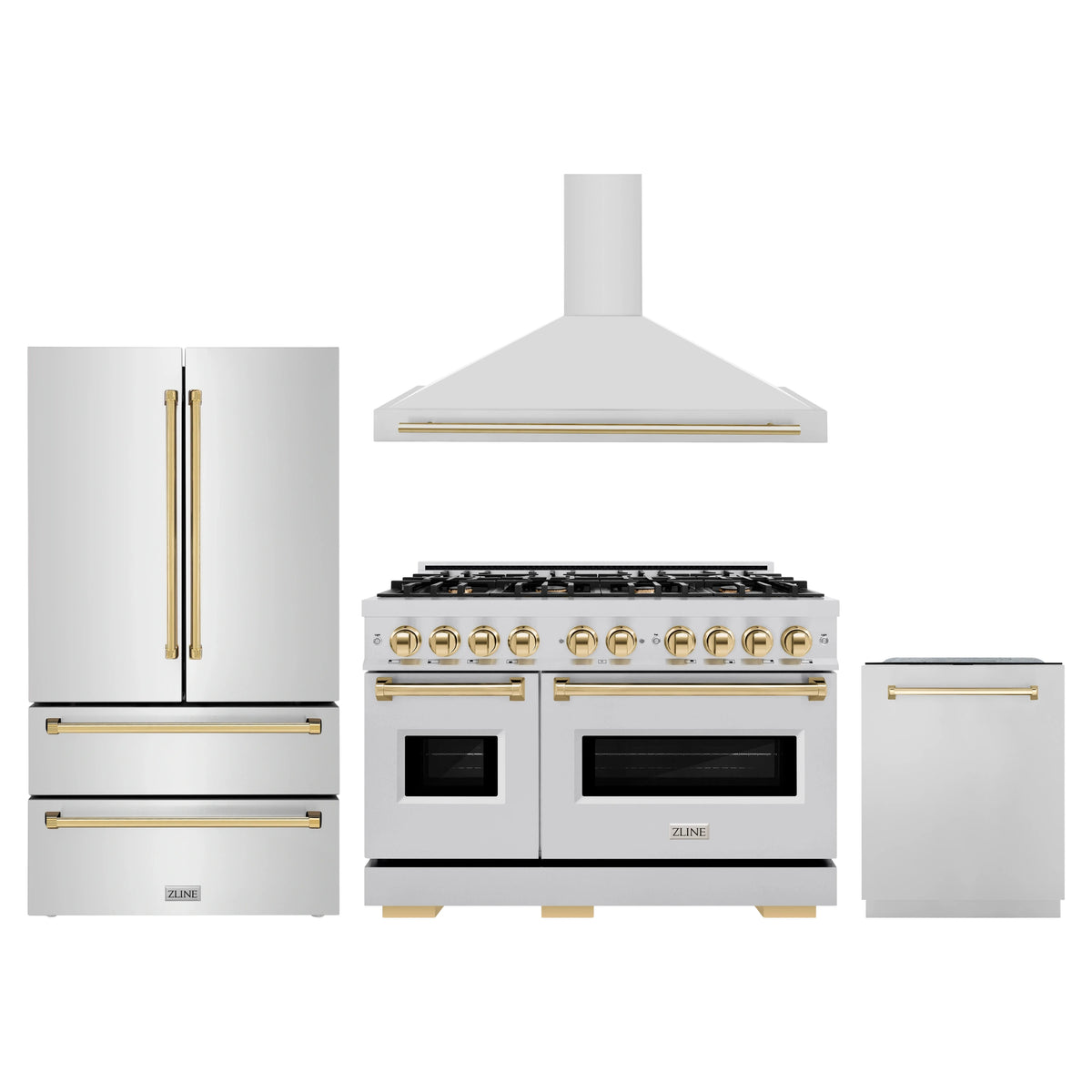 ZLINE 4-Piece Appliance Package - 48-Inch Dual Fuel Range, Hood, Refrigerator, and Dishwasher in Stainless Steel with Gold Accents