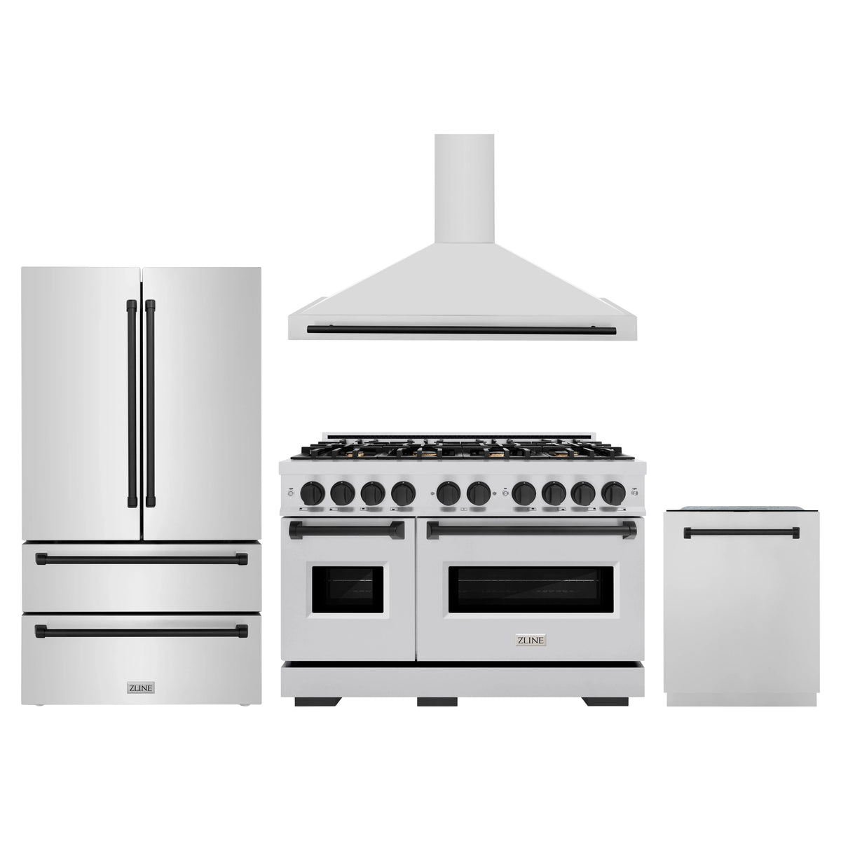 ZLINE 4-Piece Appliance Package - 48-Inch Dual Fuel Range, Hood, Refrigerator, and Dishwasher in Stainless Steel with Matte Black Accents