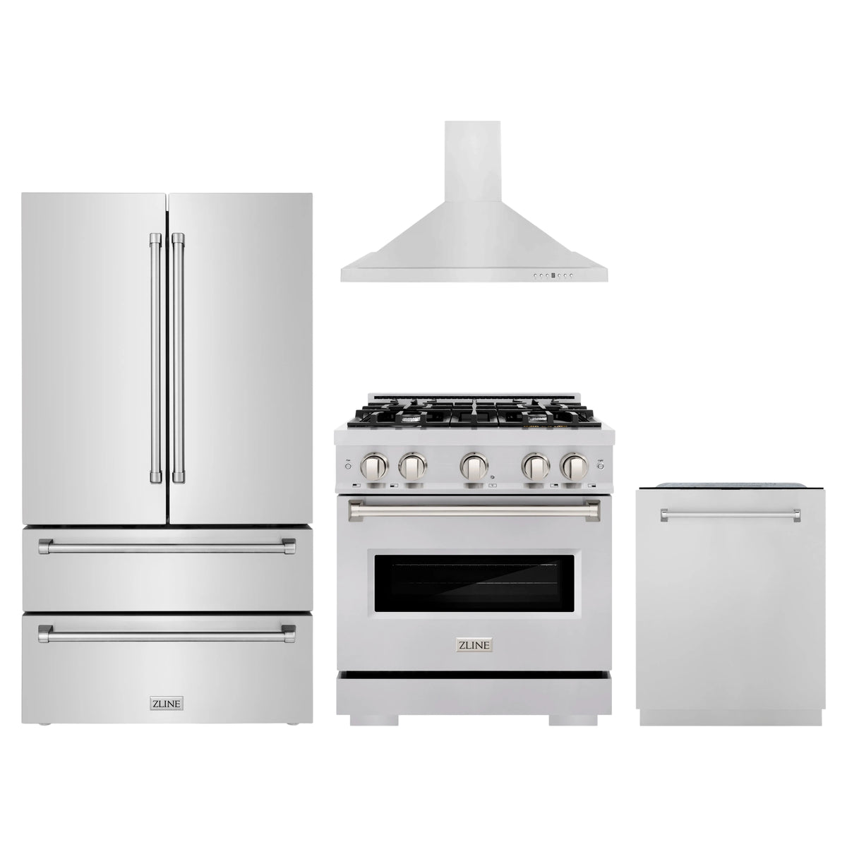 ZLINE 4-Piece Appliance Package - 30-Inch Gas Range, Hood, Refrigerator, and Dishwasher in Stainless Steel
