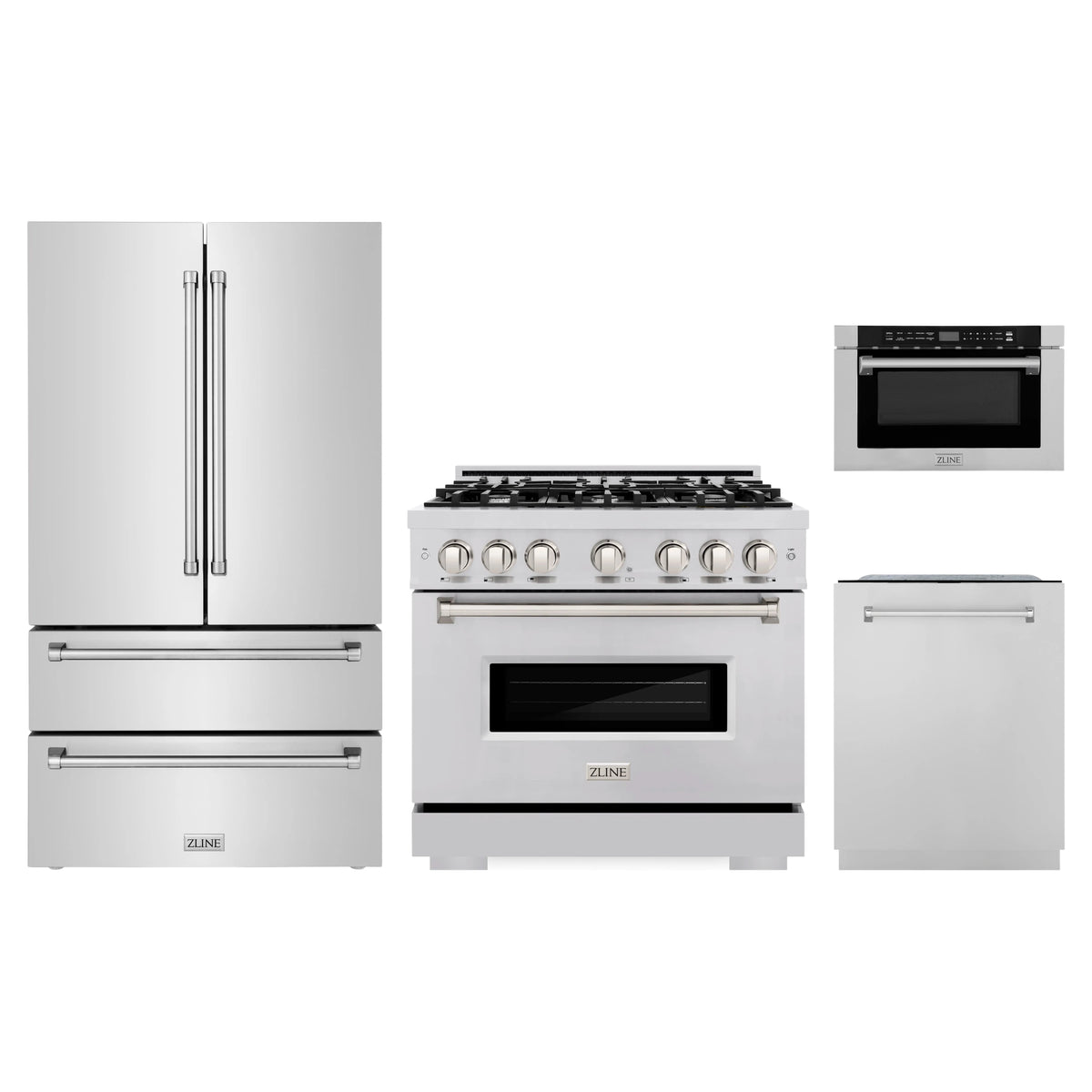 ZLINE 4-Piece Appliance Package - 36-Inch Classic Gas Range, Refrigerator, Dishwasher, and 24-Inch Microwave Drawer in Stainless Steel