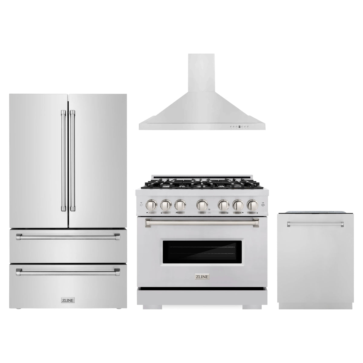 ZLINE 4-Piece Appliance Package - 36-Inch Gas Range, Hood, Refrigerator, and Dishwasher in Stainless Steel