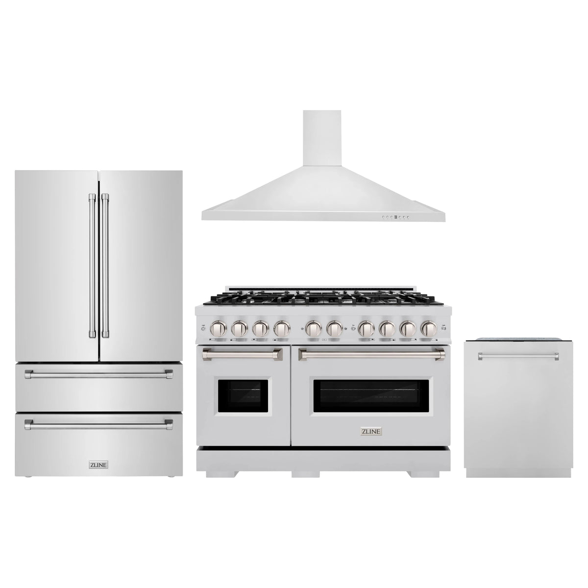 ZLINE 4-Piece Appliance Package - 48-Inch Gas Range, Hood, Refrigerator, and Dishwasher in Stainless Steel