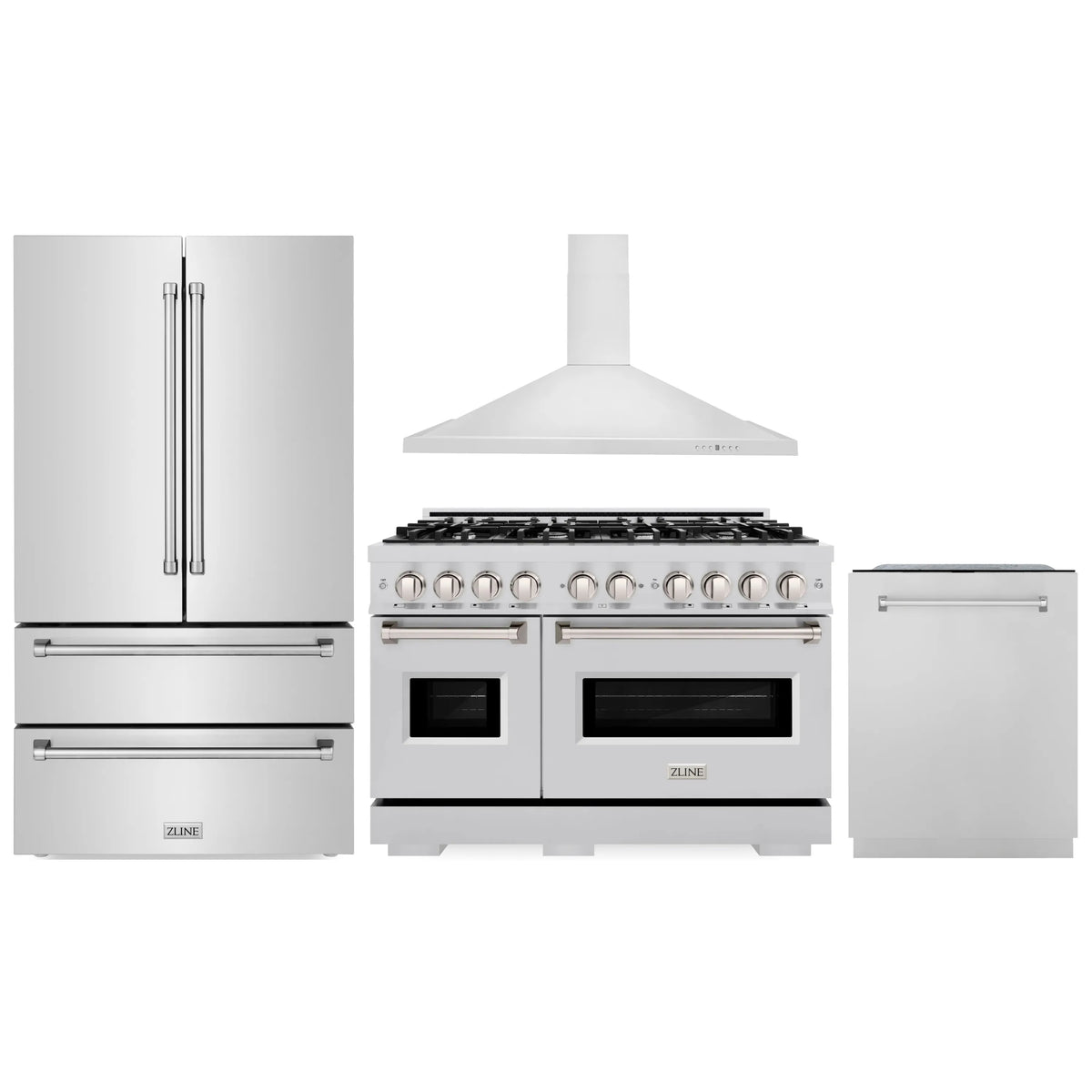 ZLINE 4-Piece Appliance Package - 48-Inch Gas Range, Hood, Refrigerator, and Dishwasher in Stainless Steel