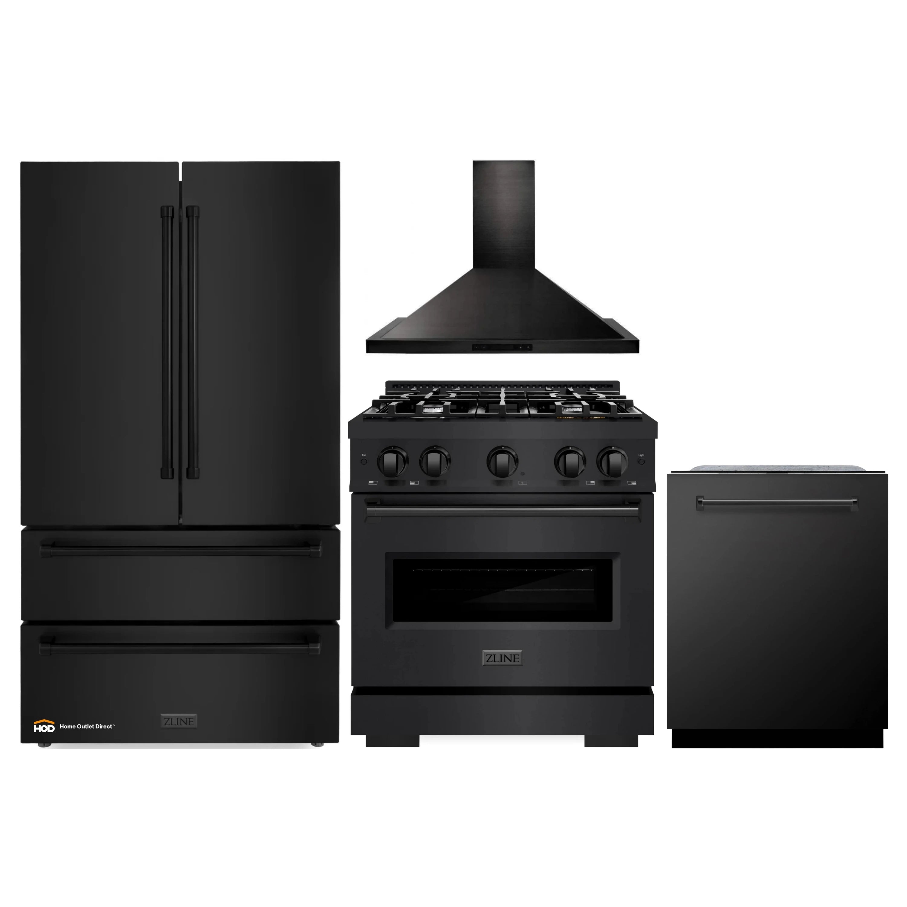 Black stainless steel appliance set: refrigerator, gas range, hood, and dishwasher
