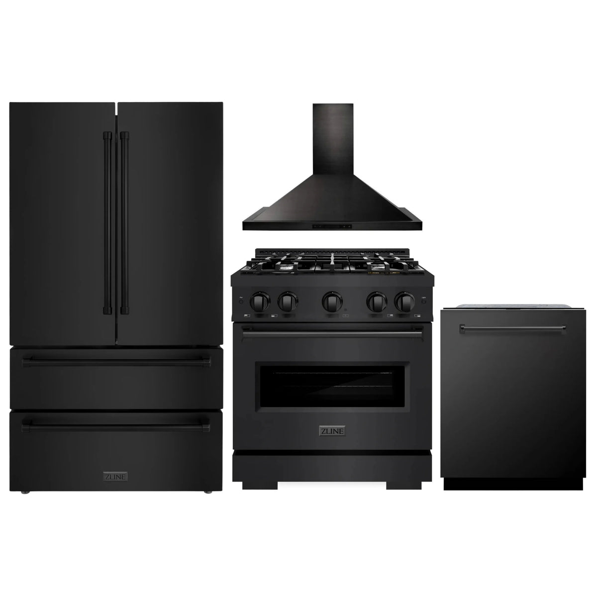 ZLINE 4-Piece Appliance Package - 30-Inch Gas Range, Hood, Refrigerator, and Dishwasher in Black Stainless Steel