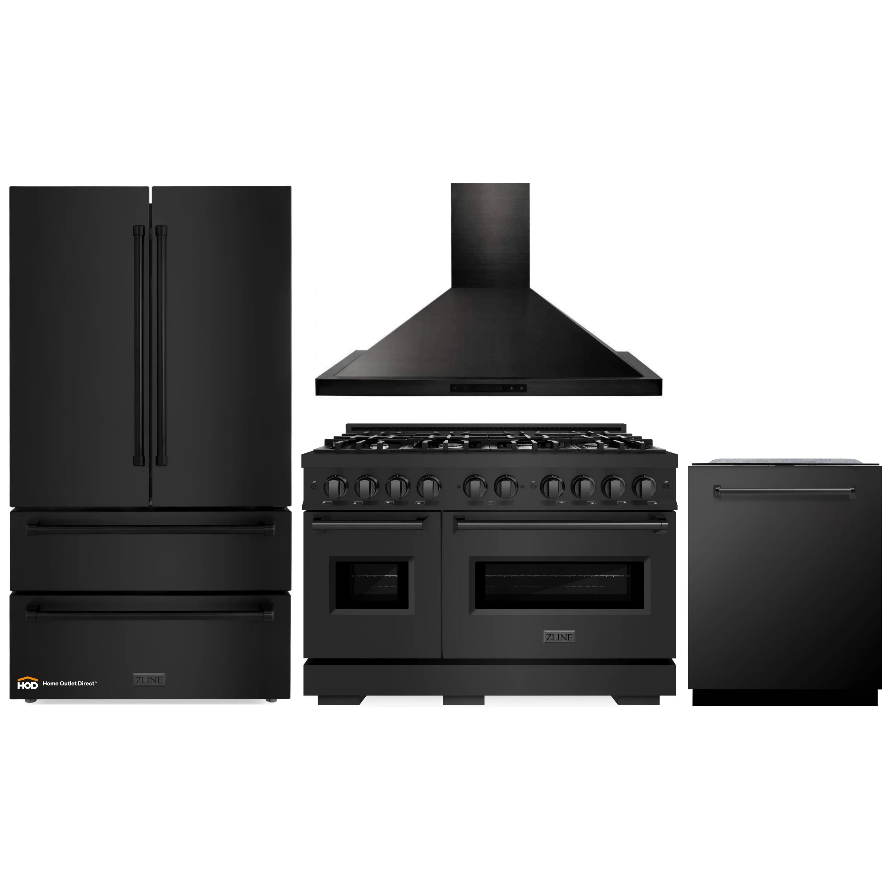 Black stainless appliance set: refrigerator, gas range with hood, and dishwasher
