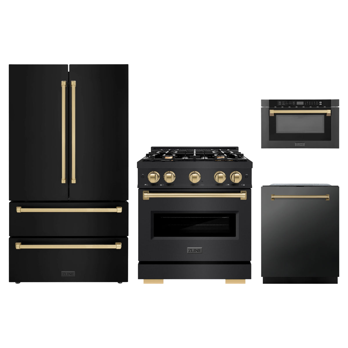 ZLINE 4-Piece Appliance Package - 30-Inch Classic Gas Range, Refrigerator, Dishwasher, and 24-Inch Microwave Drawer in Black Stainless Steel with Champagne Bronze Accents