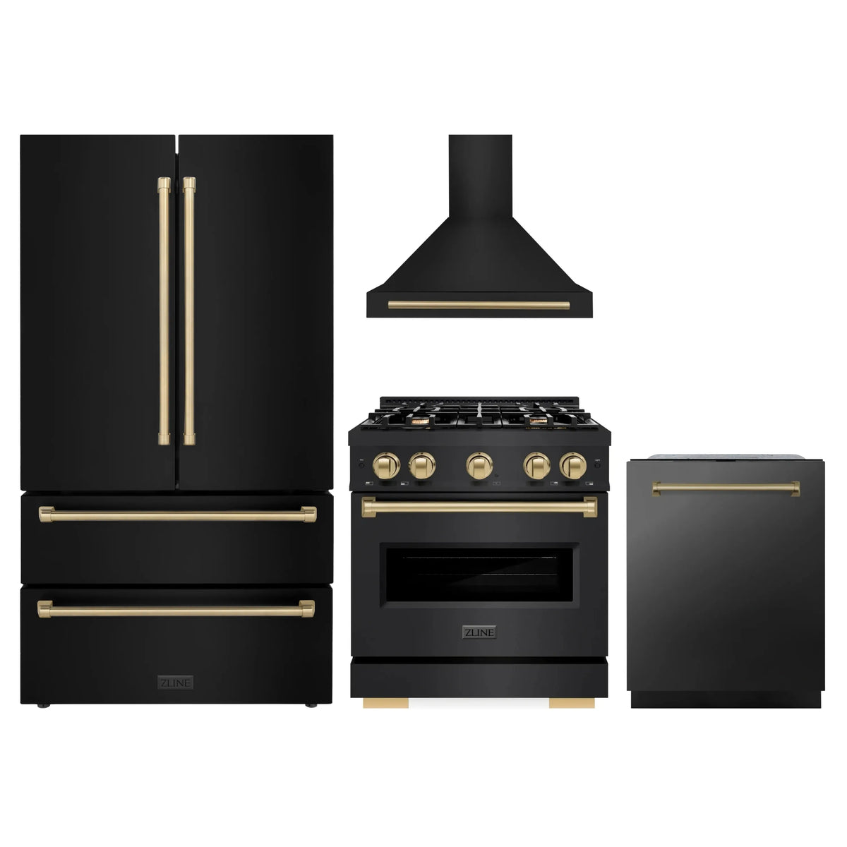 ZLINE 4-Piece Appliance Package - 30-Inch Gas Range, Hood, Refrigerator, and Dishwasher in Black Stainless Steel with Champagne Bronze Accents