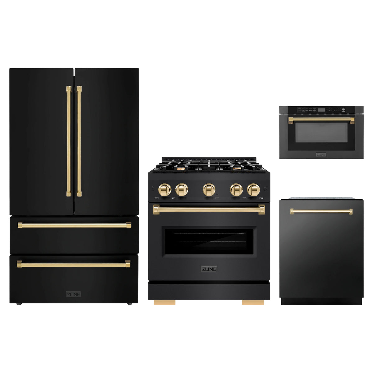 ZLINE 4-Piece Appliance Package - 30-Inch Classic Gas Range, Refrigerator, Dishwasher, and 24-Inch Microwave Drawer in Black Stainless Steel with Gold Accents