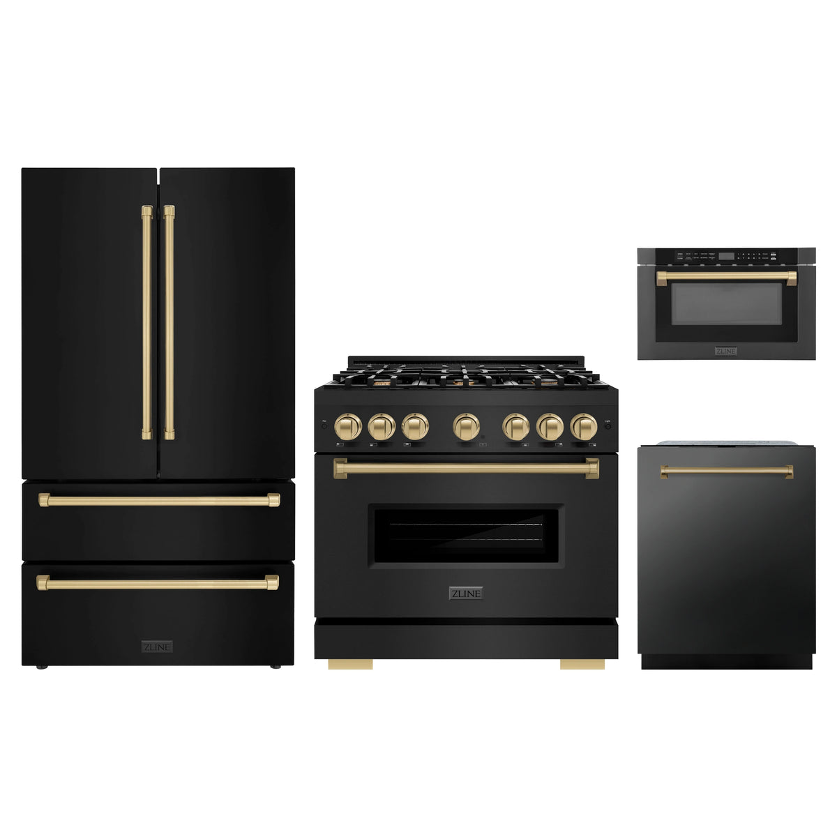 ZLINE 4-Piece Appliance Package - 36-Inch Classic Gas Range, Refrigerator, Dishwasher, and 24-Inch Microwave Drawer in Black Stainless Steel with Champagne Bronze Accents