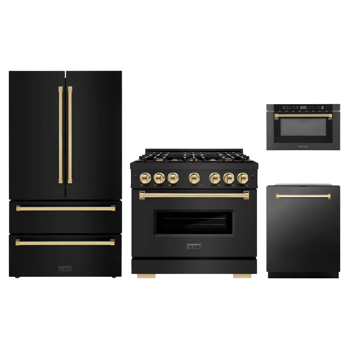 ZLINE 4-Piece Appliance Package - 36-Inch Classic Gas Range, Refrigerator, Dishwasher, and 24-Inch Microwave Drawer in Black Stainless Steel with Gold Accents