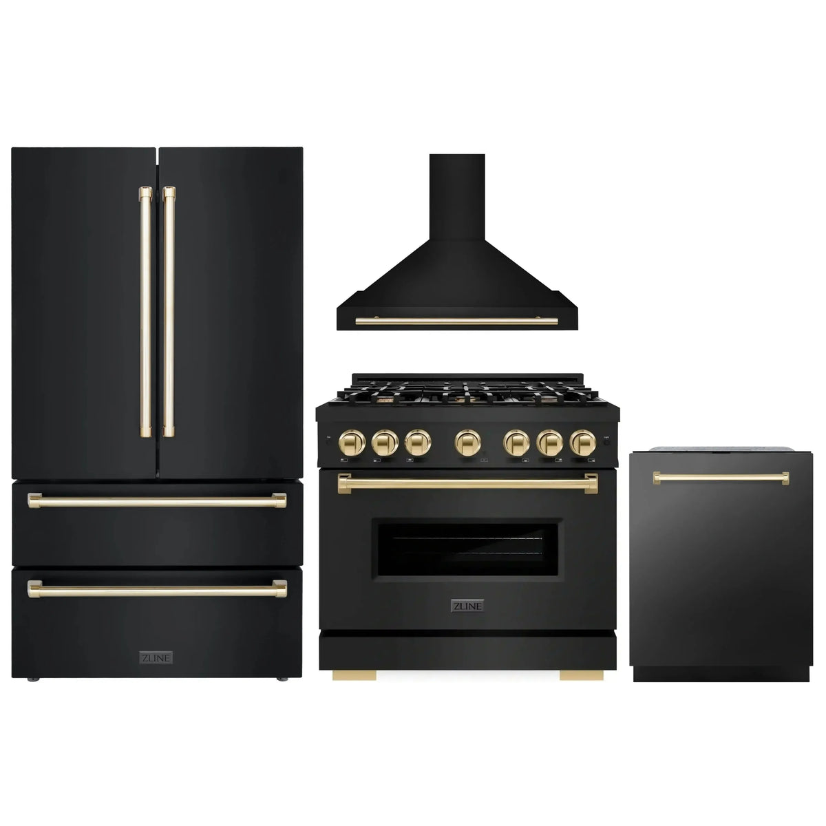 ZLINE 4-Piece Appliance Package - 36-Inch Gas Range, Hood, Refrigerator, and Dishwasher in Black Stainless Steel with Gold Accents