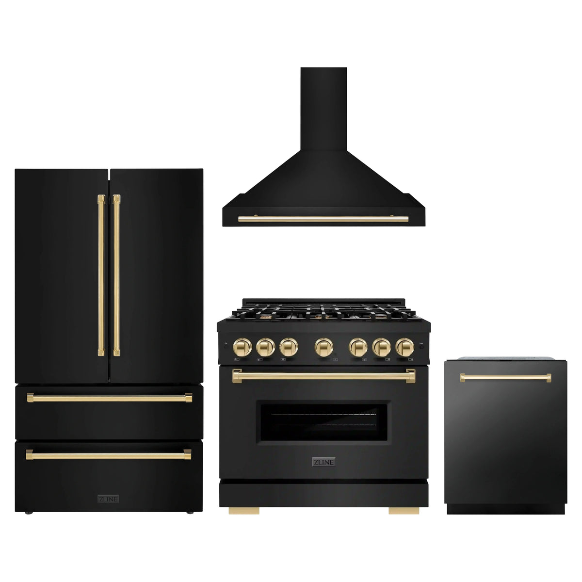 ZLINE 4-Piece Appliance Package - 36-Inch Gas Range, Hood, Refrigerator, and Dishwasher in Black Stainless Steel with Gold Accents