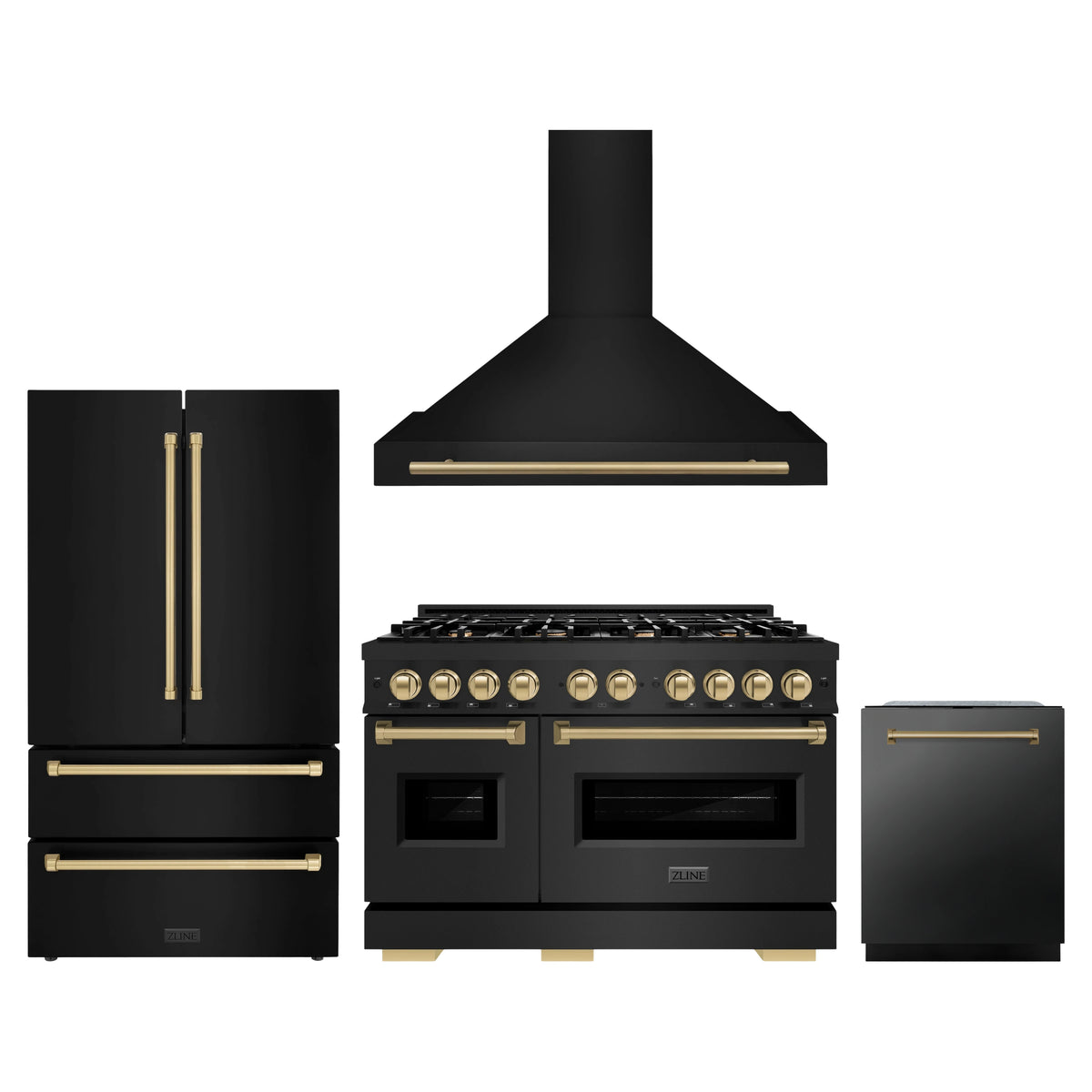 ZLINE 4-Piece Appliance Package - 48-Inch Gas Range, Hood, Refrigerator, and Dishwasher in Black Stainless Steel with Champagne Bronze Accents