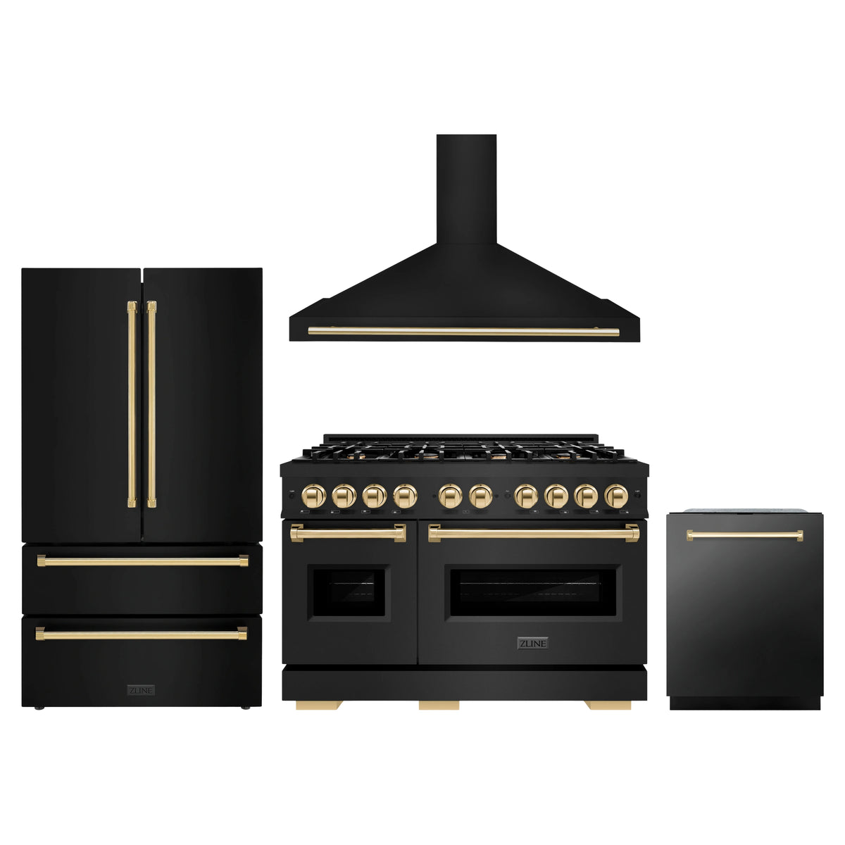 ZLINE 4-Piece Appliance Package - 48-Inch Gas Range, Hood, Refrigerator, and Dishwasher in Black Stainless Steel with Gold Accents