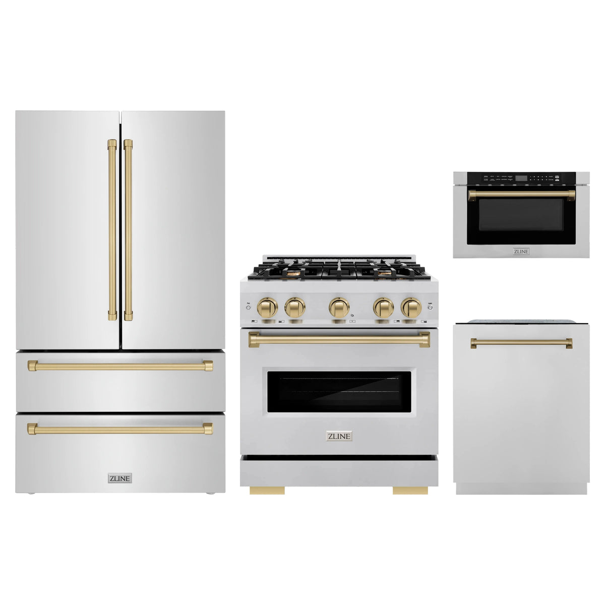 ZLINE 4-Piece Appliance Package - 30-Inch Classic Gas Range, Refrigerator, Dishwasher, and 24-Inch Microwave Drawer in Stainless Steel with Champagne Bronze Accents