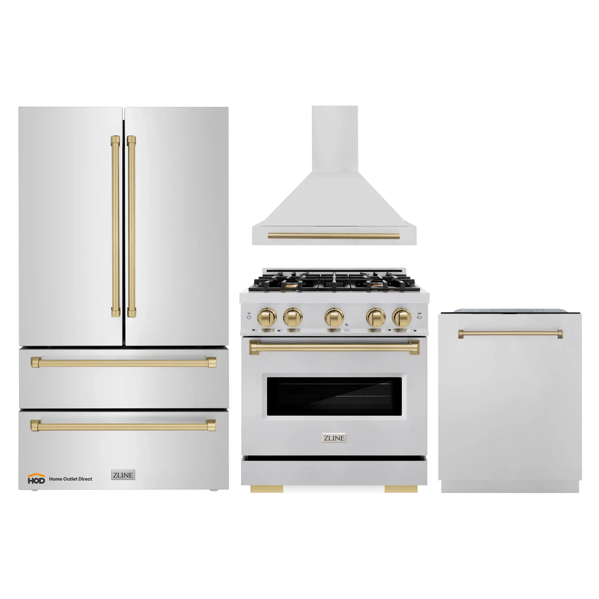 Stainless steel kitchen appliance set with gold-accented gas range handles
