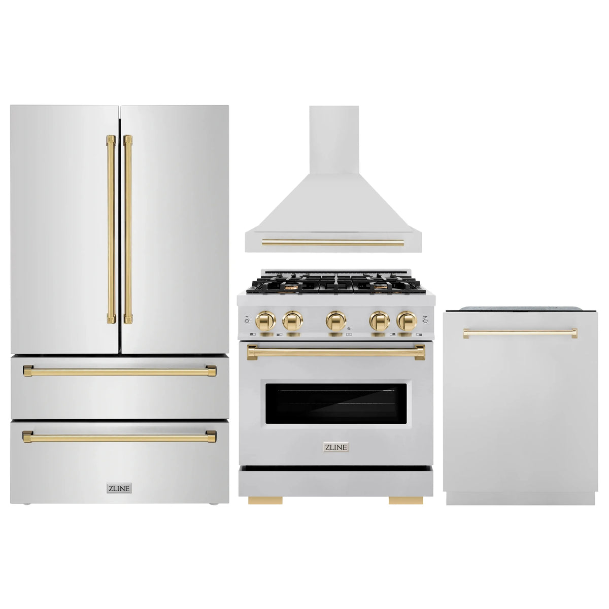 ZLINE 4-Piece Appliance Package - 30-Inch Gas Range, Hood, Refrigerator, and Dishwasher in Stainless Steel with Gold Accents