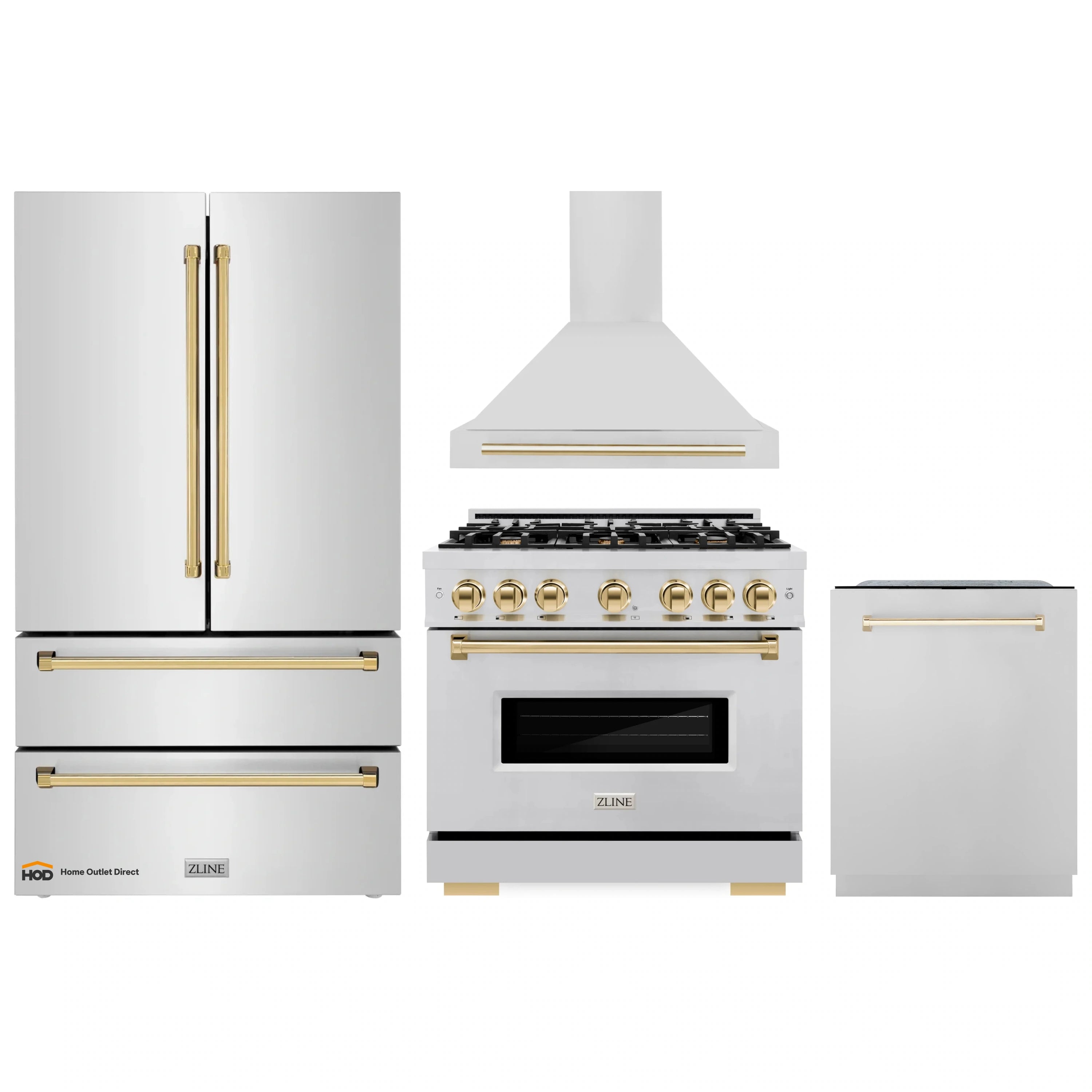 Stainless appliance package with gold-accented range, hood, and dishwasher
