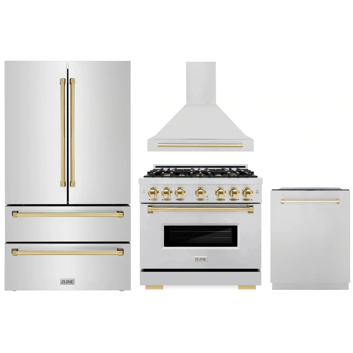 ZLINE 4-Piece Appliance Package - 36-Inch Gas Range, Hood, Refrigerator, and Dishwasher in Stainless Steel with Gold Accents