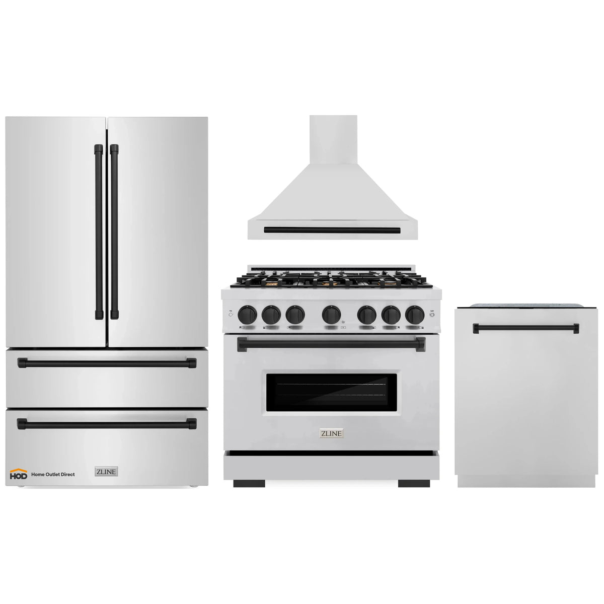 4-piece stainless steel appliance package with matte black accents: range, hood, fridge, dishwasher